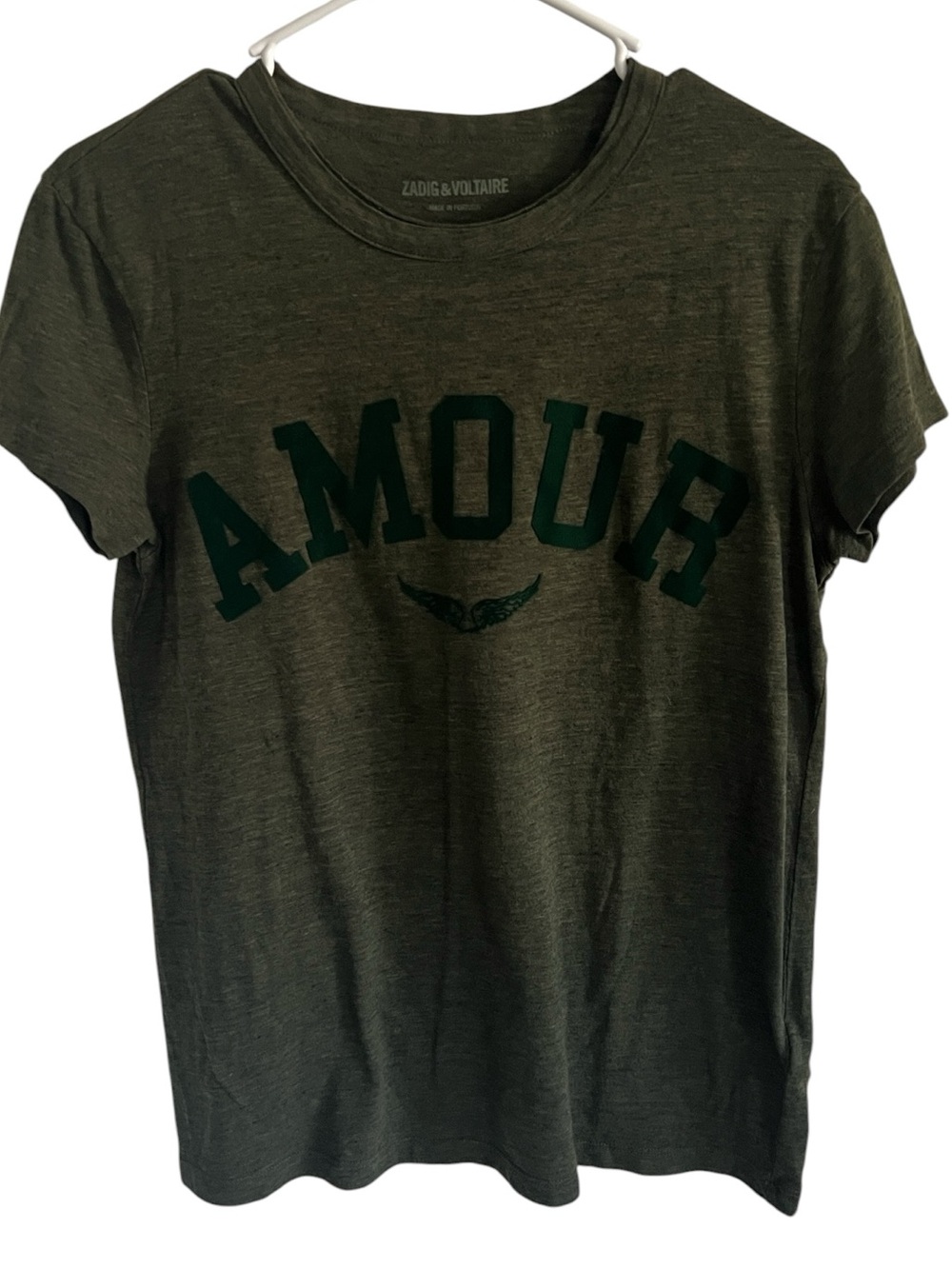 Zadig & Voltaire AMOUR Graphic Tee Olive Green Flocked Logo Size XS